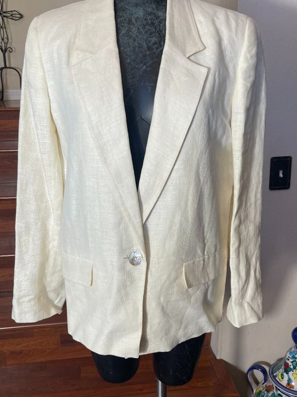 VTG Jennifer Moore Women's Ivory Linen Blazer Jacket SZ 10 Made in Bulgaria